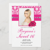 ホットピンクのバラとダマスクダイヤモンドの輝きの招待状 招待状 (正面/裏面)