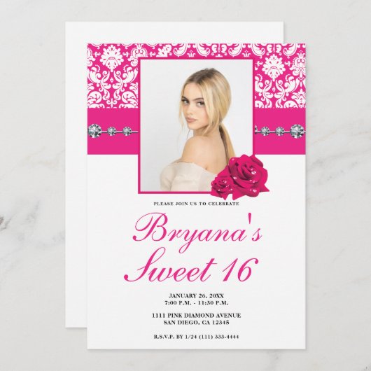 ホットピンクのバラとダマスクダイヤモンドの輝きの招待状 招待状 (正面/裏面)