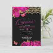 ホットピンクのバラとレースの蝶のキンセアニエラ 招待状 (スタンド正面)