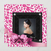 ホットピンクのヒョウ柄写真 卒業発表 案内状 (正面/裏面)