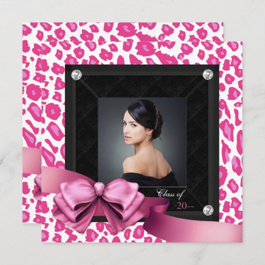 ホットピンクのヒョウ柄写真 卒業発表 案内状 (正面/裏面)