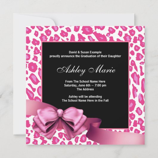 ホットピンクのヒョウ柄写真 卒業発表 案内状 (裏面)
