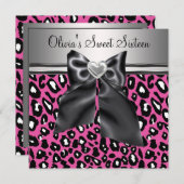 ホットピンクのヒョウ柄 スイートシックスティーン 誕生日 招待状 (正面/裏面)