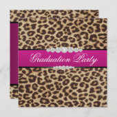 ホットピンクのヒョウ柄 卒業パーティー 招待状 (正面/裏面)