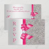 ホットピンクのフェイクボウ＆ダイヤモンド　RSVP 出欠カード (正面/裏面)