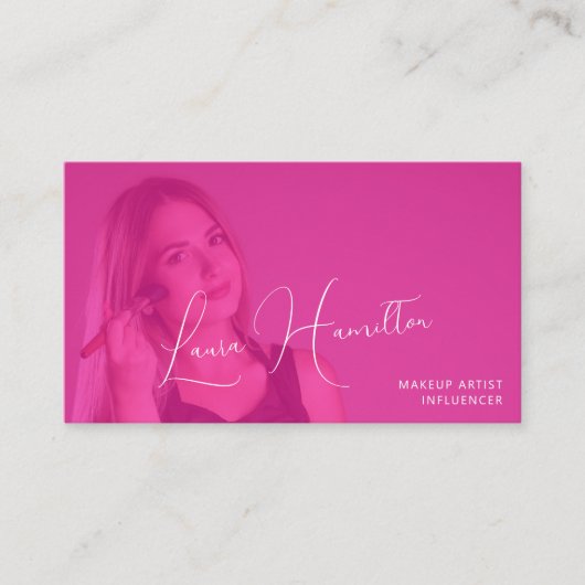 ホットピンクのフォトオーバーレイのメイクアップアーティストQRコード 名刺 (正面)