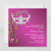 ホットピンクのフューシャピンクの仮面パーティー 招待状 (裏面)