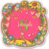 ホットピンクのフローラ名イニシャルインスピレーションステッカー シール (正面)