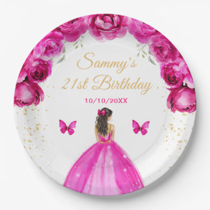 ホットピンクのブルネットヘアプリンセス誕生日パーティー ペーパープレート