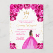 ホットピンクのブルネットヘアプリンセス誕生日パーティー ポストカード (正面)