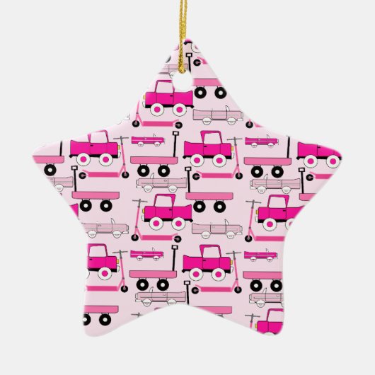 ホットピンクのホイールヴィンテージカートラックスコータズワゴン セラミックオーナメント (正面)