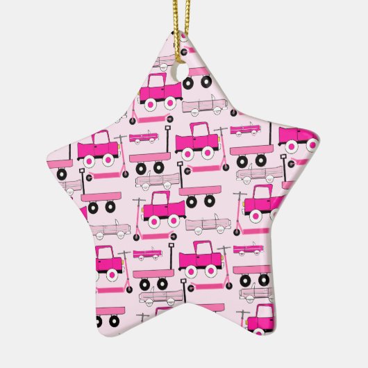 ホットピンクのホイールヴィンテージカートラックスコータズワゴン セラミックオーナメント (左)