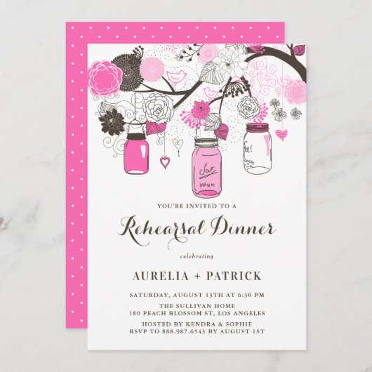 ホットピンクのメイソンジャー リハーサルディナー 招待状 (正面/裏面)
