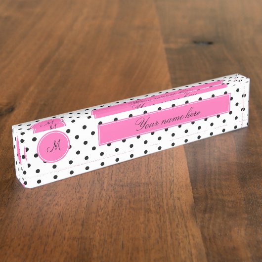 ホットピンクのモノクロ水玉模様 デスクネームプレート (側面)