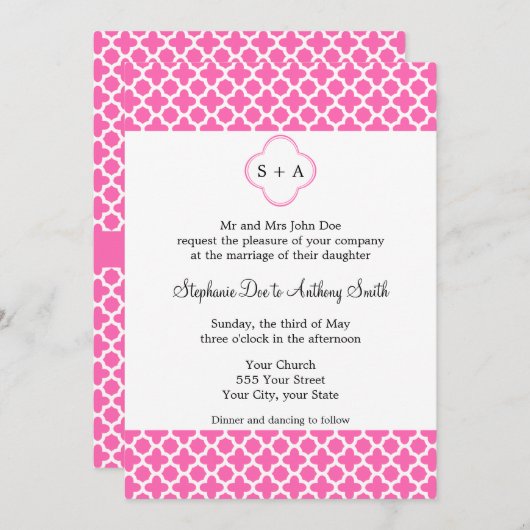 ホットピンクのモノグラムホワイトクローバーパターン 招待状 (正面/裏面)