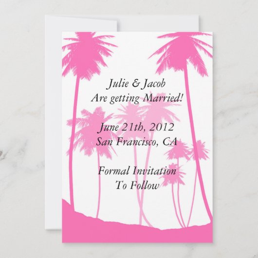 ホットピンクのヤシの木の熱帯結婚式の日付を保存 招待状 (裏面)