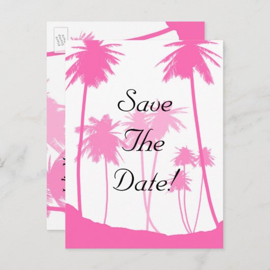 ホットピンクのヤシの木の熱帯結婚式の日付を保存 案内ポストカード (正面/裏面)