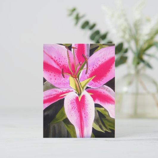 ホットピンクのユリの花 水彩ポップアートの花 ポストカード (スタンド正面)