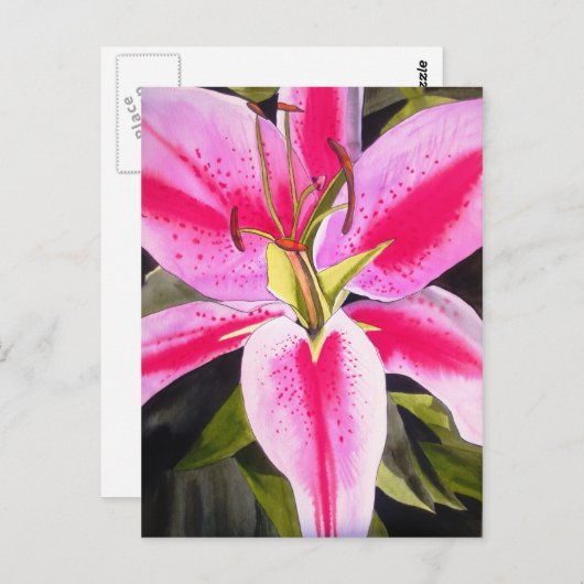ホットピンクのユリの花 水彩ポップアートの花 ポストカード (正面/裏面)