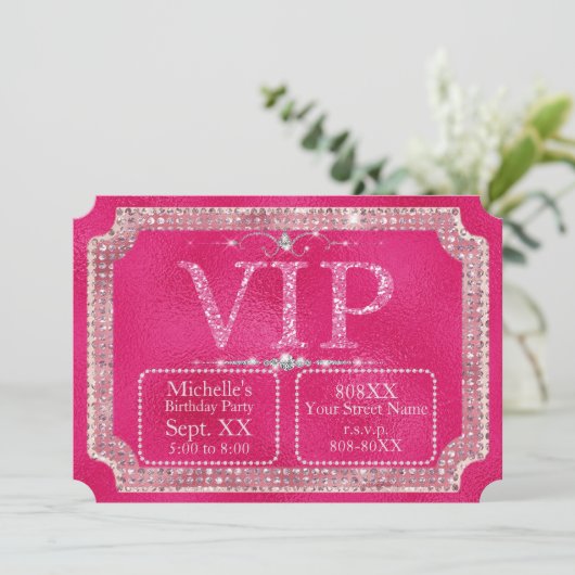 ホットピンクのラメとダイヤモンド VIP チケット 招待状 (スタンド正面)