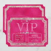 ホットピンクのラメとダイヤモンド VIP チケット 招待状 (正面/裏面)