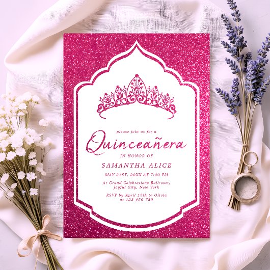 ホットピンクのラメクラウン ミス・キンセ Quinceanera 招待状