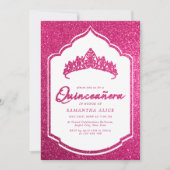 ホットピンクのラメクラウン ミス・キンセ Quinceanera 招待状 (正面)