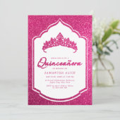 ホットピンクのラメクラウン ミス・キンセ Quinceanera 招待状 (スタンド正面)