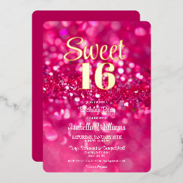 ホットピンクのラメ入りゴージャスなSweet 16バースデー招待状 箔招待状