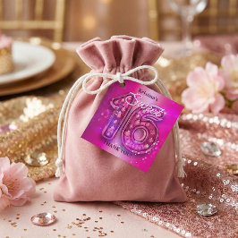 ホットピンクのラメ入りラインストーンでゴージャスなSweet 16のバースデー フェイバータグ