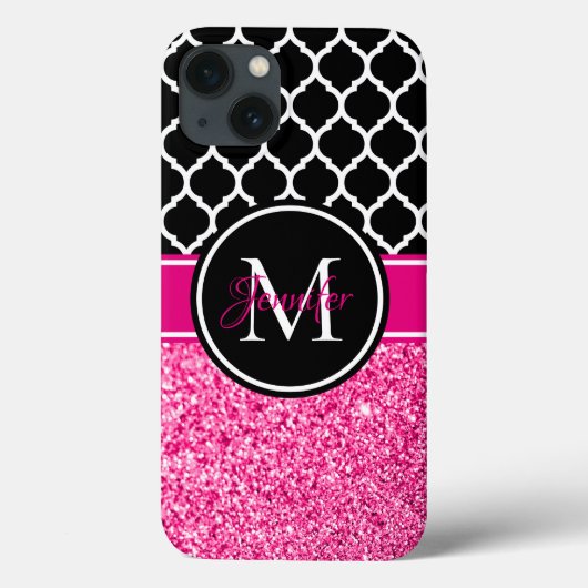 ホットピンクのラメ入り 黒と白のトレリス モノグラム Case-Mate iPhoneケース (裏面)