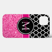 ホットピンクのラメ入り 黒と白のトレリス モノグラム Case-Mate iPhoneケース (裏面 (横))
