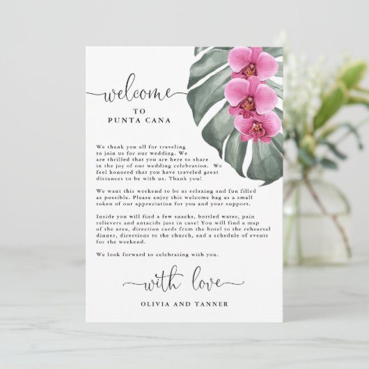 ホットピンクのランとモンステラのトロピカルウェルカム 招待状 (スタンド正面)