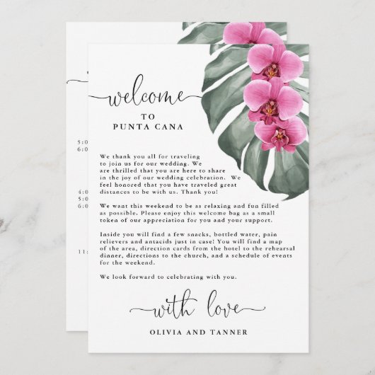 ホットピンクのランとモンステラのトロピカルウェルカム 招待状 (正面/裏面)