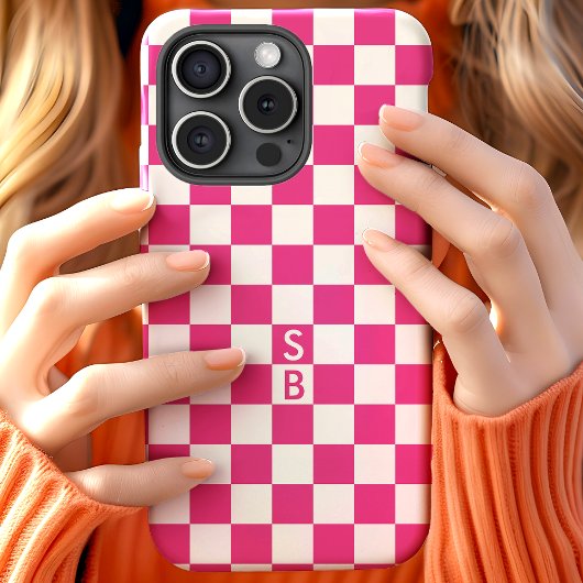 ホットピンクのレトロ市松模様モノグラム Case-Mate iPhoneケース