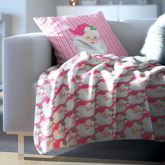 ホットピンクのヴィンテージサンタ風のレトロなクリスマス フリースブランケット