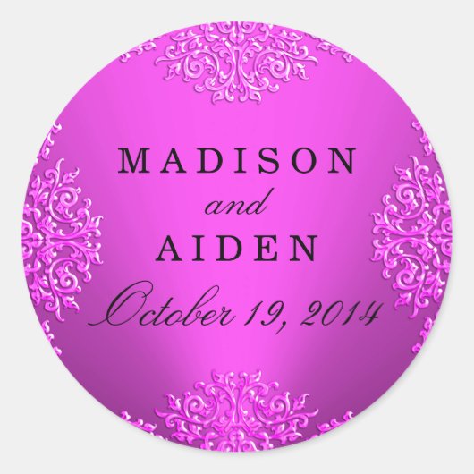 ホットピンクのヴィンテージダマスクウェディングステッカー ラウンドシール (正面)