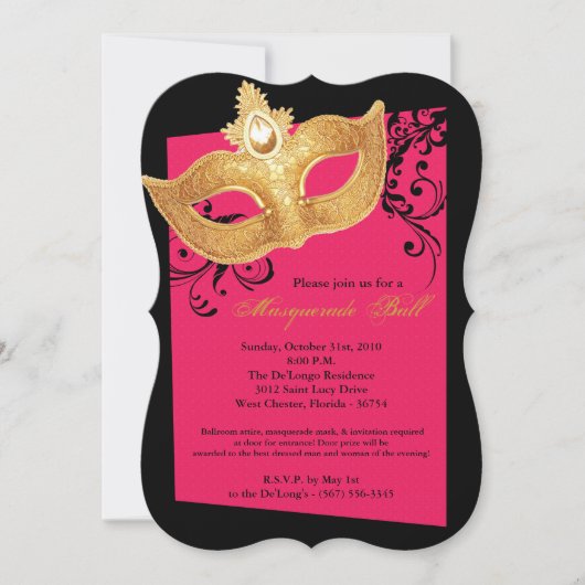 ホットピンクの仮装ボールマスクの衣装ハロウィーン 招待状 (正面)