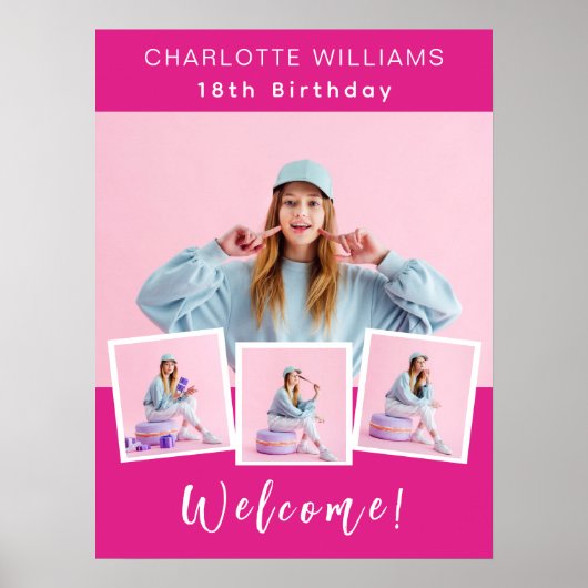 ホットピンクの写真コラージュ誕生日パーティーへようこそ ポスター (正面)