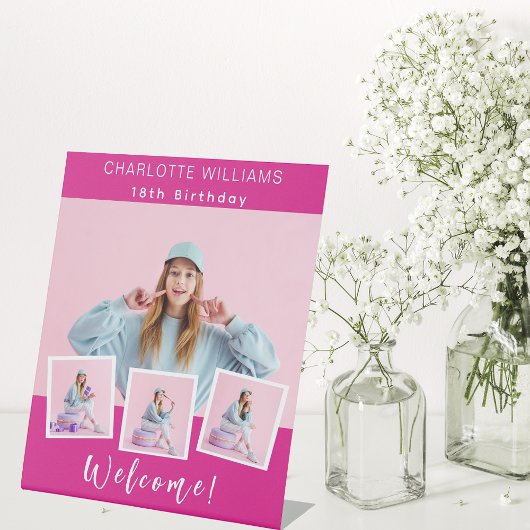 ホットピンクの写真コラージュ誕生日パーティーへようこそ 台座サイン