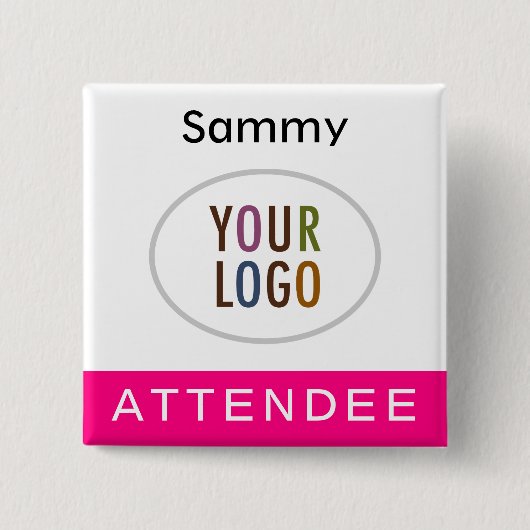 ホットピンクの出席者の名前バッジのロゴ正方形のピンバック 缶バッジ (正面)