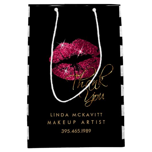 ホットピンクの口紅と白のストライプ – ありがとう ミディアムペーパーバッグ (正面)