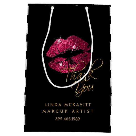 ホットピンクの口紅と白のストライプ – ありがとう ミディアムペーパーバッグ (裏面)