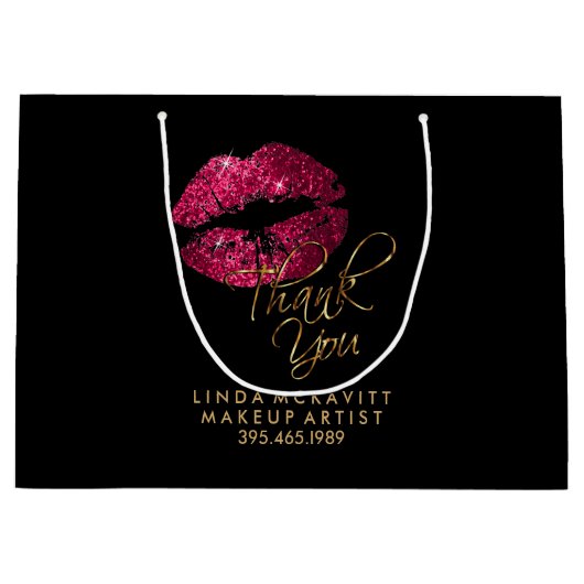ホットピンクの口紅を黒に付け、ありがとうございます ラージペーパーバッグ (正面)