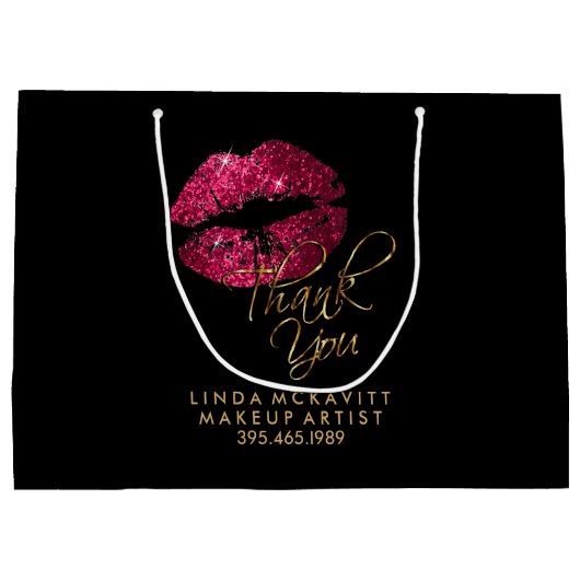 ホットピンクの口紅を黒に付け、ありがとうございます ラージペーパーバッグ (裏面)