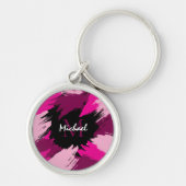 ホットピンクの名前とモノグラムのブラシストロークの色合い キーホルダー (正面)