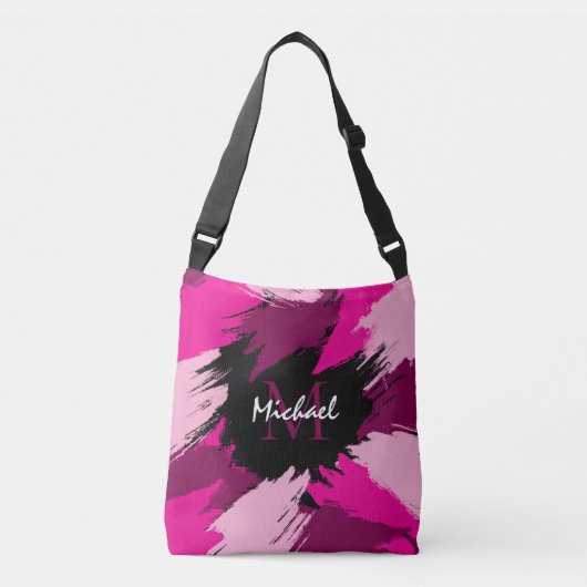 ホットピンクの名前とモノグラムのブラシストロークの色合い クロスボディバッグ (正面)