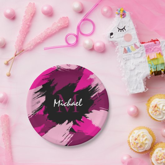 ホットピンクの名前とモノグラムのブラシストロークの色合い ペーパープレート (パーティー)