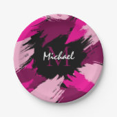ホットピンクの名前とモノグラムのブラシストロークの色合い ペーパープレート (正面)