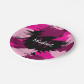 ホットピンクの名前とモノグラムのブラシストロークの色合い ペーパープレート (アングル)